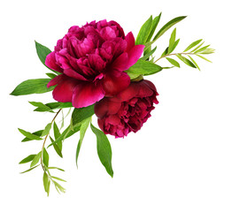 Wall Mural - Red peony flowers and green leaves in a floral arrangement