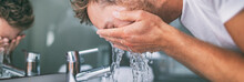 Man Washing Face Splashing Water In Bathroom Sink Male Skincare Beauty Morning Routine Panoramic Banner Background.