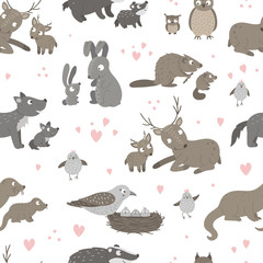 Wall Mural - Vector seamless pattern with baby animals and their parents. Funny woodland animal background showing family love. Cute forest animalistic texture for Mother’s Day design.