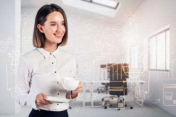 Wall Mural - Woman with coffee in office, business plan sketch