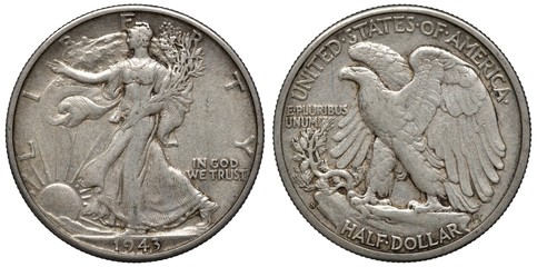 Wall Mural - United States US silver coin 1/2 half dollar 1943, walking Liberty, radiant sun bottom left, eagle on branch,