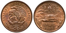Mexico Mexican Coin 20 Twenty Centavos 1967, Eagle On Cactus With Snake In Beak, Pyramid Of The Sun In Front Of Volcanoes Ixtaccihuatl And Popocatepetl, Liberty Cap Divides Denomination Above,