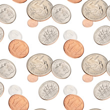 Flying With US Coins On White Background. Seamless Pattern.