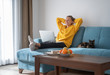 © olezzo - Happy young woman in a yellow sweatshirt works at home on a blue sofa with a laptop and a cat, remote work and education, staying home during a virus
