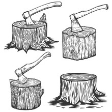 Wood Slices With Axe. Illustration Of Wood Stumps In Engraving Style. Design Element For Emblem, Sign, Poster, Card, Banner, Flyer. Vector Illustration