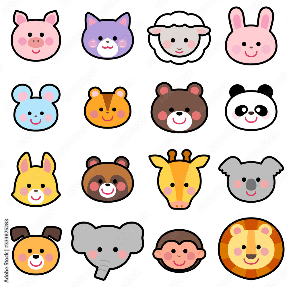 Cute Animals Face Icon Illust Set BlackLine Stock Vector | Adobe Stock
