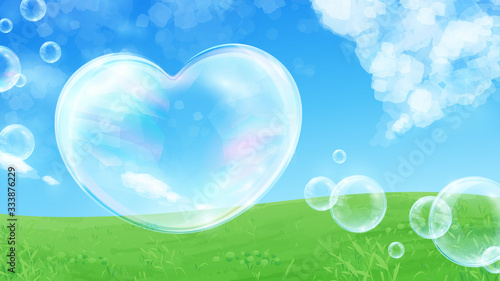 ハートのシャボン玉の背景イラスト 空 草原 16 9 Stock Vector Adobe Stock