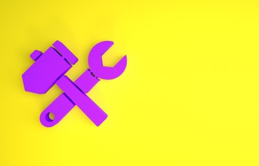 Purple Crossed hammer and wrench spanner icon isolated on yellow background. Hardware tools. Minimalism concept. 3d illustration 3D render