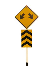 Warning sign Intersection ,Traffic sign, Yield sign, isolated on white background. The route was changed in the direction indicated Drivers must drive slowly and carefully with caution. 