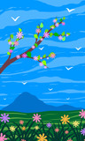 Fototapeta Pokój dzieciecy - Spring landscape. Mountain, a branch of a blossoming tree and a flower meadow. Vertical abstract flat vector illustration.