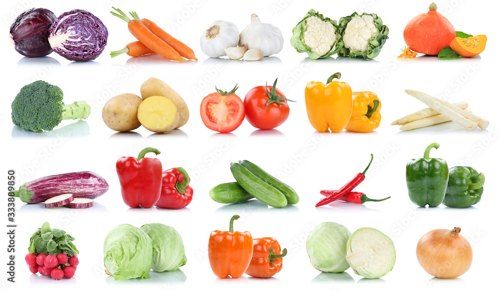 Collection of vegetables tomatoes carrots lettuce pumpkin fresh food vegetable potatoes isolated - obrazy, fototapety, plakaty 