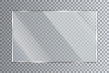 Glass plate on transparent background, clear glass showcase, realistic window mockup, acrylic and glass texture with glares and light, realistic transparent glass window in rectangle frame – for stock