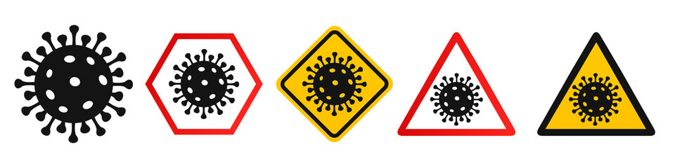 Sticker - Set warning, precaution, attention, alert icon in different shapes. Protection against dangerous virus. Healthcare medicine protected concept from bacteria corona virus, COVID-19, 2019-nCoV infection