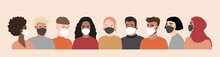 Coronavirus, Covid-19. Multi-colored People In White And Black Face Mask. Different Nationalities. Vector Banner Illustration.