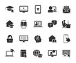 Vector set of online education flat icons. Contains icons remote learning, video lesson, online course, homework, online test, webinar, audio course and more. Pixel perfect.