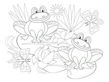 Black And White Page For Baby Coloring Book. Illustration Of Two Cute Frogs In A Swamp With Water Lilies. Printable Template For Kids. Worksheet For Children And Adults. Hand-drawn Vector Image.