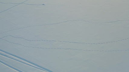 Aerial drone shot of a frozen lake, blocks of ice, frozen trees, reflections, typical house during the winter of polar Lapland.