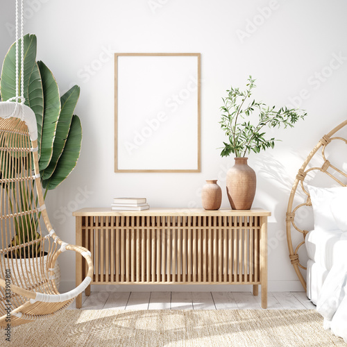Fotografía Mockup frame in bedroom interior background, Coastal boho style, 3d render