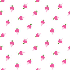 Vegetable pattern. Seamless pattern of radishes in flat style on a white background. Vector 8 EPS.