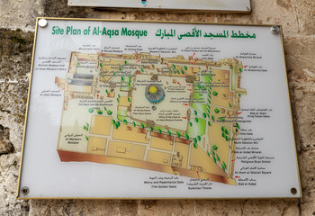 The site plan of Al Aqsa Mosque on the wall of the Temple Mount in the Old City in Jerusalem, Israel