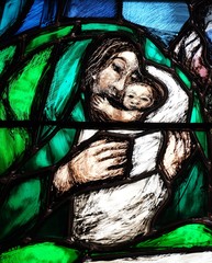 God, the Creator of all life, detail of stained glass window by Sieger Koder in church of Saint John in Piflas, Germany