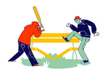 Aggressive Male Characters With Hidden Faces And Baseball Bat Breaking Wooden Bench On Street. Vandalism, Violence And Teen Aggression. Criminals Destroying Property. Linear People Vector Illustration