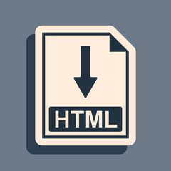 Black HTML file document icon. Download HTML button icon isolated on grey background. Long shadow style. Vector Illustration