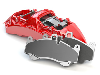 Wall Mural - Car brakes. Red caliper and pads. Dsk braking system parts.