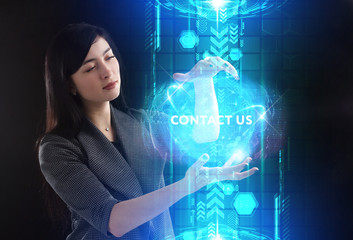 Business, Technology, Internet and network concept. Young businessman working on a virtual screen of the future and sees the inscription: Contact us