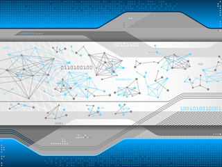 White and blue vector background with interconnected dots, flowing lines, diagonal lines, binary code and other visual elements. Can represent technology, data, the future, sci-fi, the digital world a