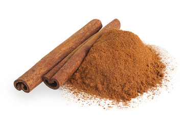 Cinnamon stick and powder isolated on white background.