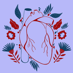 Illustration of human heart with beautiful flowers growing out of it. Vector flat illustration. Hand drawn