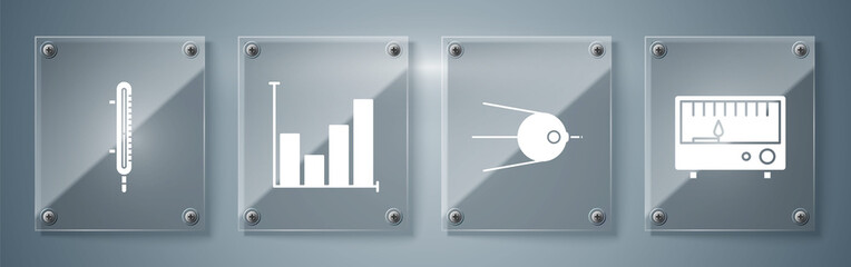 Sticker - Set Electrical measuring instruments, Satellite, Pie chart infographic and Meteorology thermometer measuring. Square glass panels. Vector