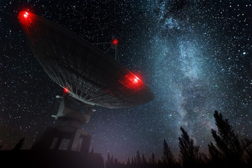 radio telescope, a large satellite dish against the night sky tracks the stars. technology concept, 