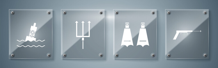 Set Fishing harpoon, Rubber flippers for swimming, Neptune Trident and Floating buoy on the sea. Square glass panels. Vector