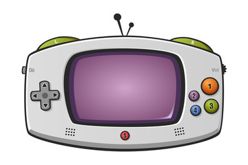 Vector cartoon drawing of a retro portable gaming console isolated on white. Can represent video games, retro technology, 80s toys, portable entertainment, electronic products for kids, old devices an