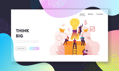 Wall Mural - think outside landing page template. tiny characters sitting on huge carton box with light bulb, pap