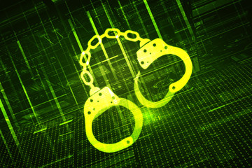 2d illustration Cyber Security concept: pixelated handcuffs icon on digital background, Cyber crime concept