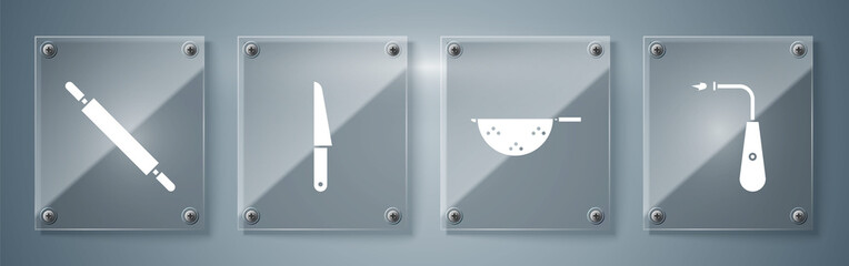 Sticker - Set Long electric lighter, Kitchen colander, Knife and Rolling pin. Square glass panels. Vector