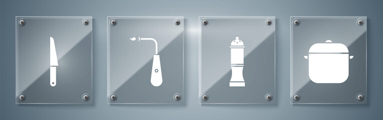 Sticker - Set Cooking pot, Pepper, Long electric lighter and Knife. Square glass panels. Vector