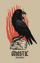 Gnostic science. Raven on the skull in fire. Occult rock music t-shirt print.