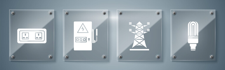 Poster - Set LED light bulb, High voltage power pole line, Electrical panel and Electrical outlet. Square glass panels. Vector