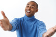 © Cookie Studio - Close-up portrait of friendly lovely african american boyfriend reaching his hands toc amera, want to cuddle someone, embrace dearest person, welcoming guest, standing white background