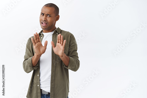 No Thank You I Pass Portrait Of Young African American Man Rejecting Persons Offer Raising Hand In Block Rejection Step Away From Friend Coughing Staying At Home During Quarantine Buy This Stock