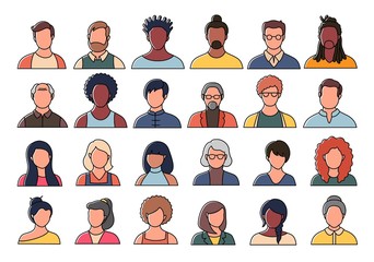 Set of persons, avatars, people heads of different ethnicity and age in flat style. Multi nationality social networks people faces collection.