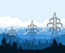Tangent Towers In Mountains, High Voltage Power Line Pylons, Power Supply