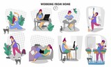 Fototapeta  - Work from home. Home office. Remote working. Plan your day. Freelance. Woman self employed concept remote working. Conceptual flat illustration.