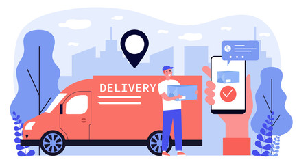 Happy courier delivering package to customer flat vector illustration. Client making order via smartphone app and tracking online. Service, GPS technology and delivery concept.