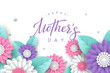 Happy Mothers day typography design. Handwritten calligraphy with 3d paper cut flowers and leaves on white background. Vector illustration.
