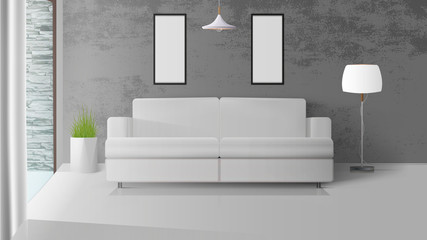 Wall Mural - Modern loft style interior. Room with concrete walls. White sofa, floor lamp with white lampshade, pot of grass. Vector illustration